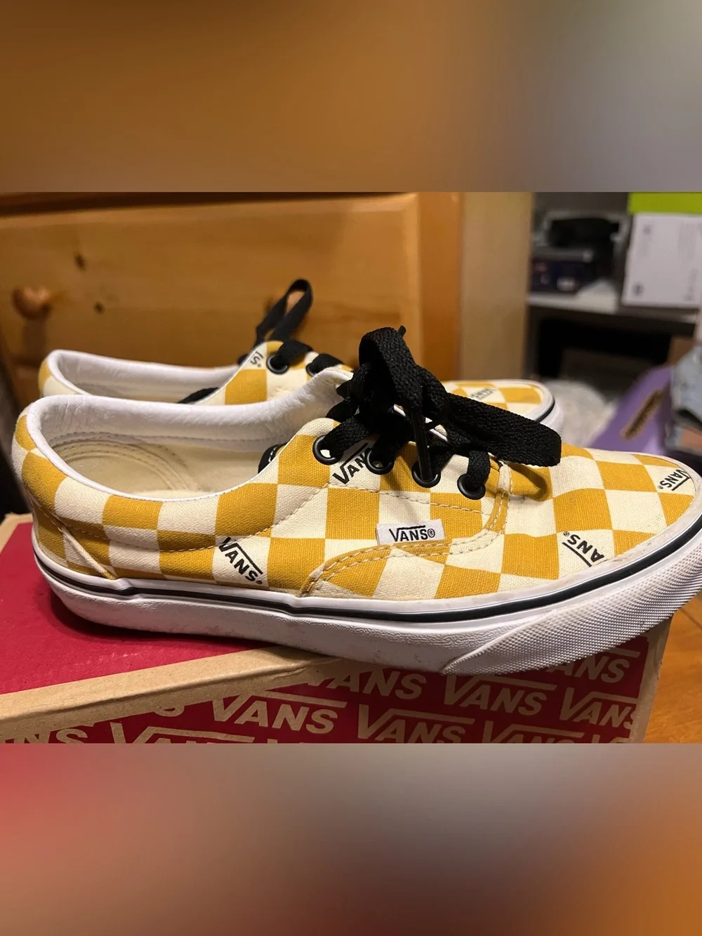 Vans Kids Checkerboard Lace-Up Sneakers in Yellow and White with Black Laces